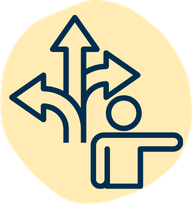 A person pointing with multiple arrows indicating different directions.