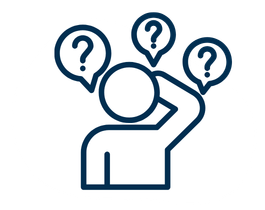 Icon of a person with three speech bubbles containing question marks above their head.