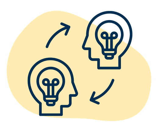 Illustration of two human profiles with light bulbs inside their heads, connected by arrows indicating idea exchange or collaboration.