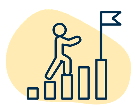 A stick figure climbing a bar chart towards a flag at the top, representing progress or achievement.