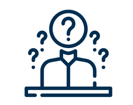 Outline of a person with a large question mark for a face, surrounded by smaller question marks.