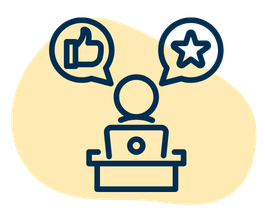 A person working at a desk with two speech bubbles, one with a thumbs-up icon and the other with a star, indicating feedback or reviews.