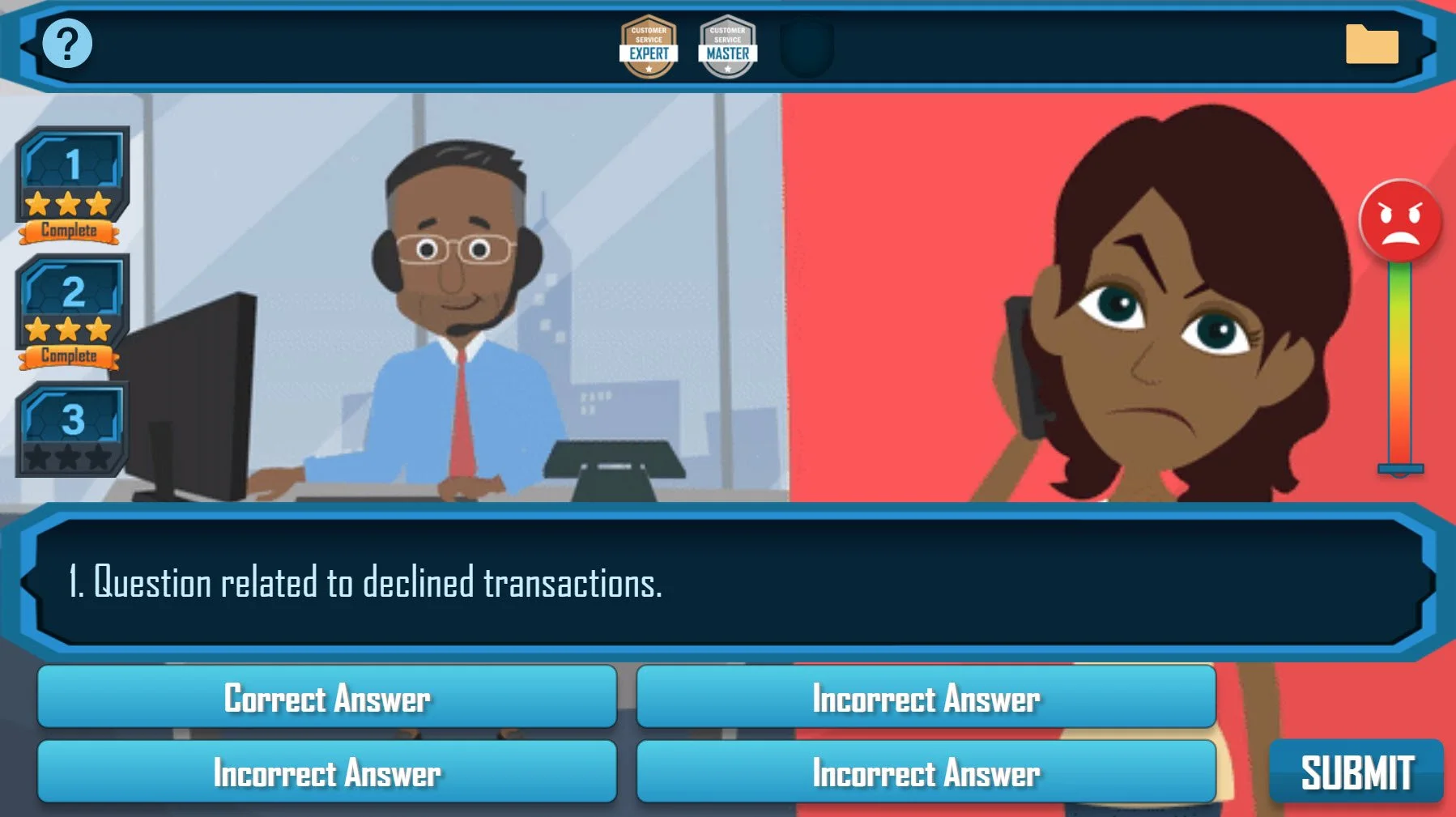 A cartoon image of a customer service representative sitting at a desk with a computer and headset, on the left side of the screen. On the right side, a cartoon girl with dark hair holding a phone to her ear, looking sad or upset with a red background. The screen displays a quiz question about declined transactions, with answer options and a submit button.