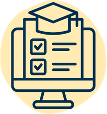 Computer monitor displaying a checklist with two checked items and a graduation cap icon above monitor