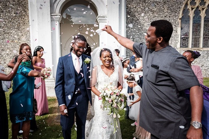 Bride and groom confetti at the church - reception at The Darenth, Sevenoaks