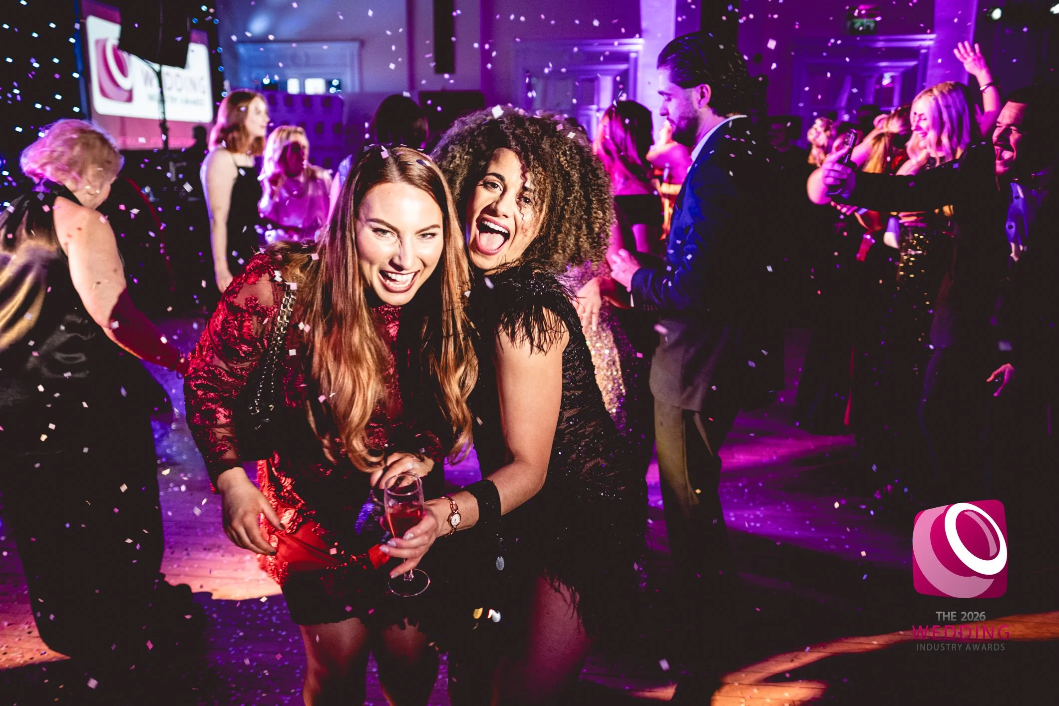 Colour photo of two girls dancing at The Wedding Industry Awards 2026 at The Adelphi Hotel, Liverpool