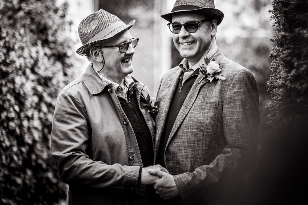 Black & white portrait photo of the Groom and groom at their same sex wedding. Kent wedding photographer - Matt Rock