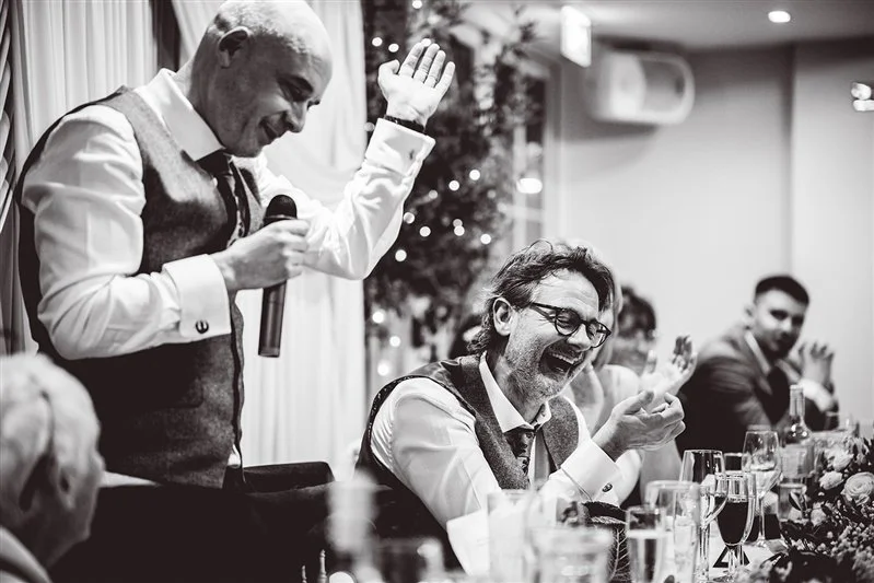 Black & White photo of the best mans speech at Hayne House