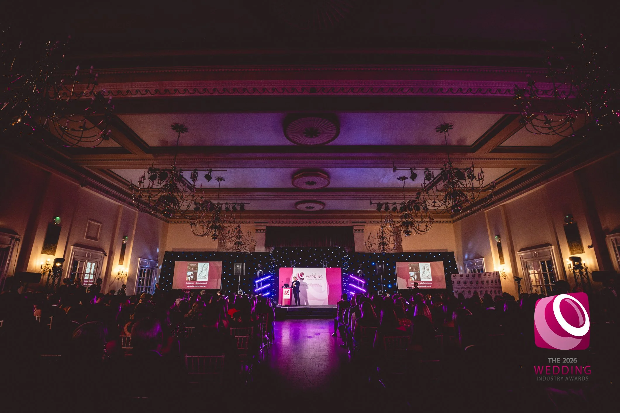 600 people all watching The Main Stage at The Wedding Industry Awards at The Adelphi Hotel, Liverpool just as Damian bailey starts to introduce all the winners and runners up.