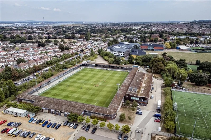 Commercial drone shoot of Dartford Football ground, Kent UK 