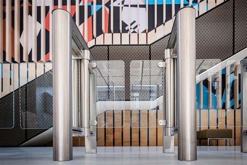 Commercial shoot in London of barrier technology in a building in London.