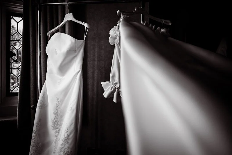 Black & White photo of Kats wedding dress before the reveal at Eastwell Manor, Ashford, Kent.