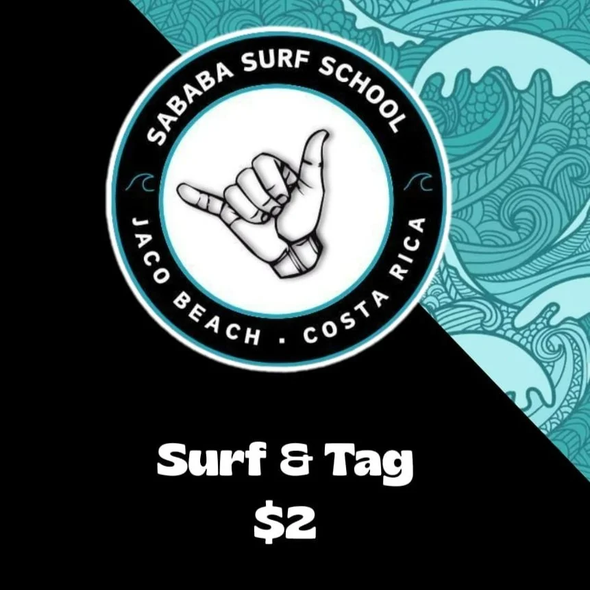 Logo for Sababa Surf School, located at Jacó Beach, Costa Rica, featuring a hand making the shaka sign, with text about surf and tag activity costing $2.