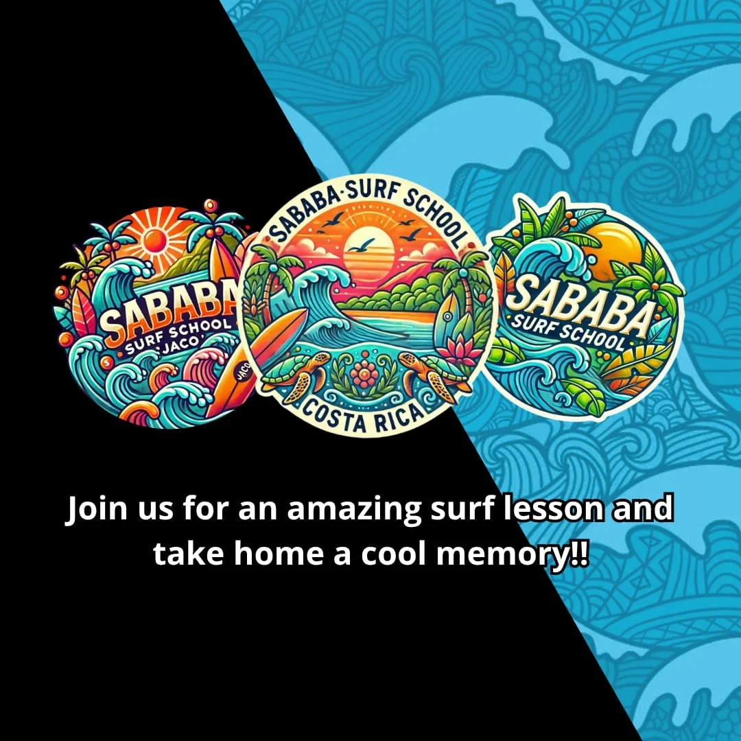Colorful surf school logos for Sababa Surf School in Jaco, Costa Rica, and another beach-themed logo, with a background of a blue marine pattern and a black overlay with white text inviting to join a surf lesson.