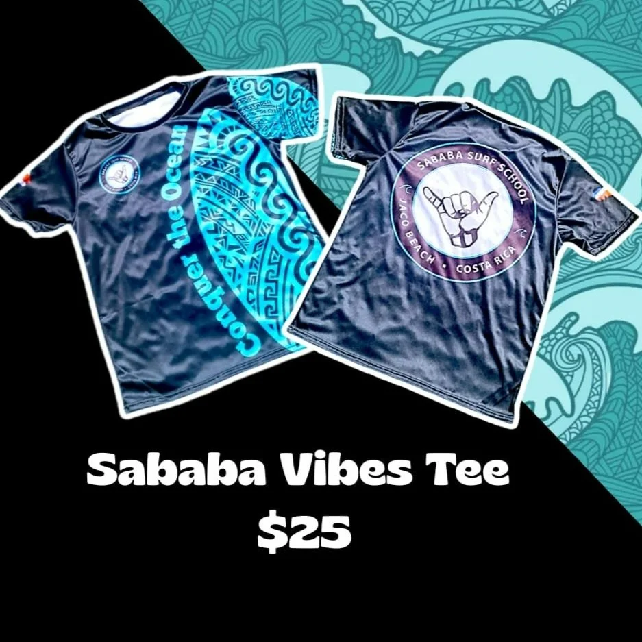 Two dark blue T-shirts with surf and ocean designs, promotional text, and logos from Sababa Surf School in Costa Rica, priced at $25.