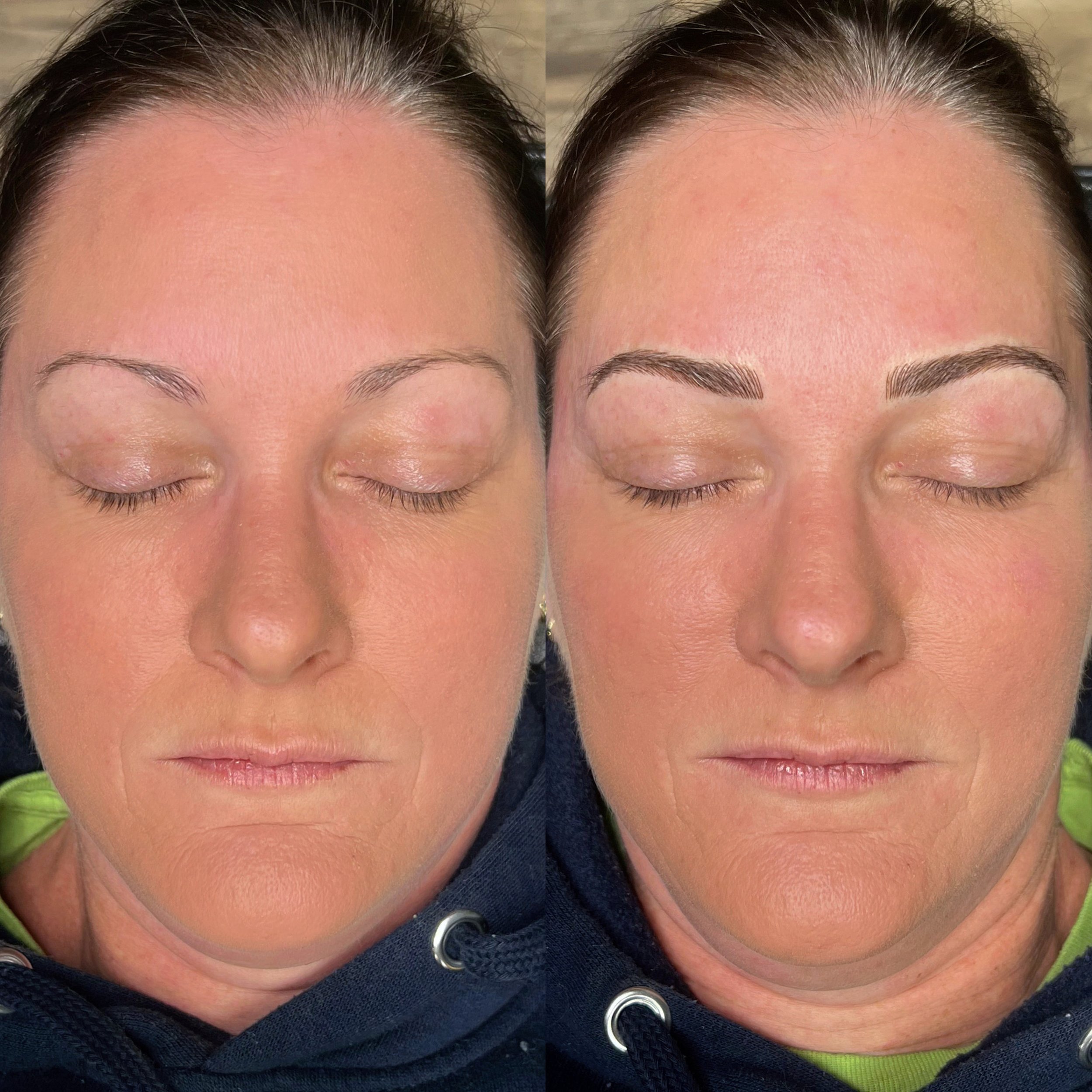 Microbladed brows with realistic hair stroke detail, customized to client’s face shape.