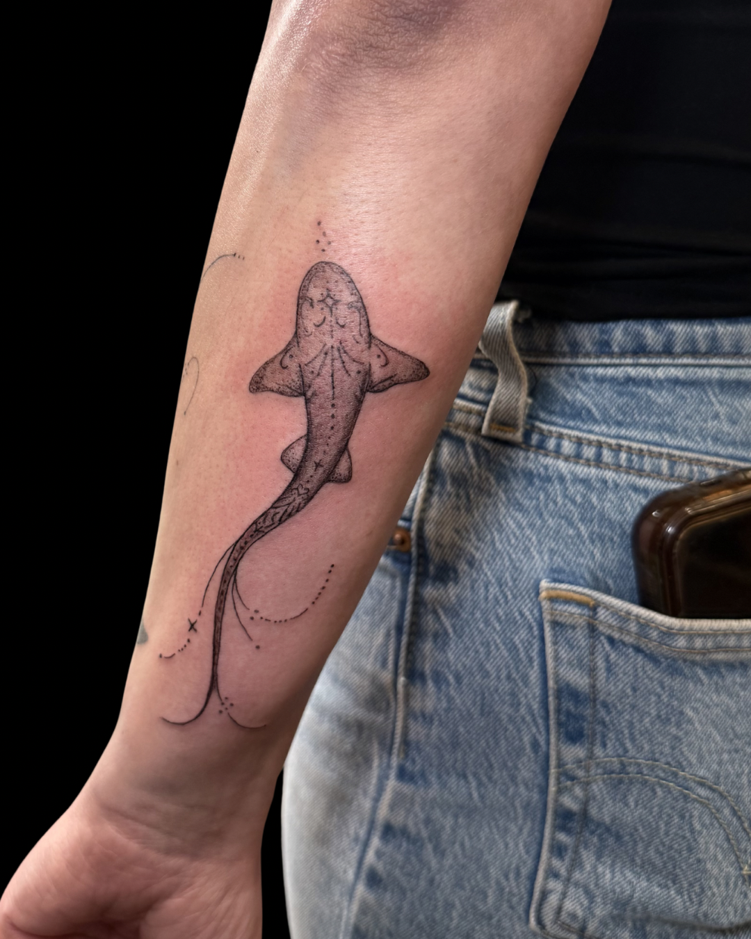 fine line shark tattoo, oriental shark tattoo