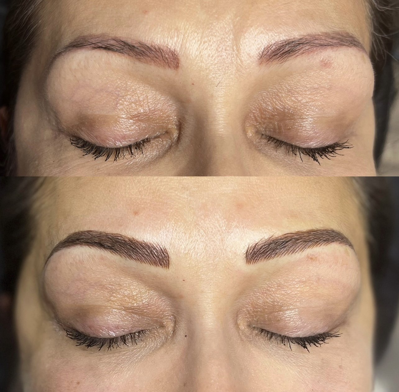 Microblading color correction on medium skin tone with dark brown hair, adding structure and fullness.