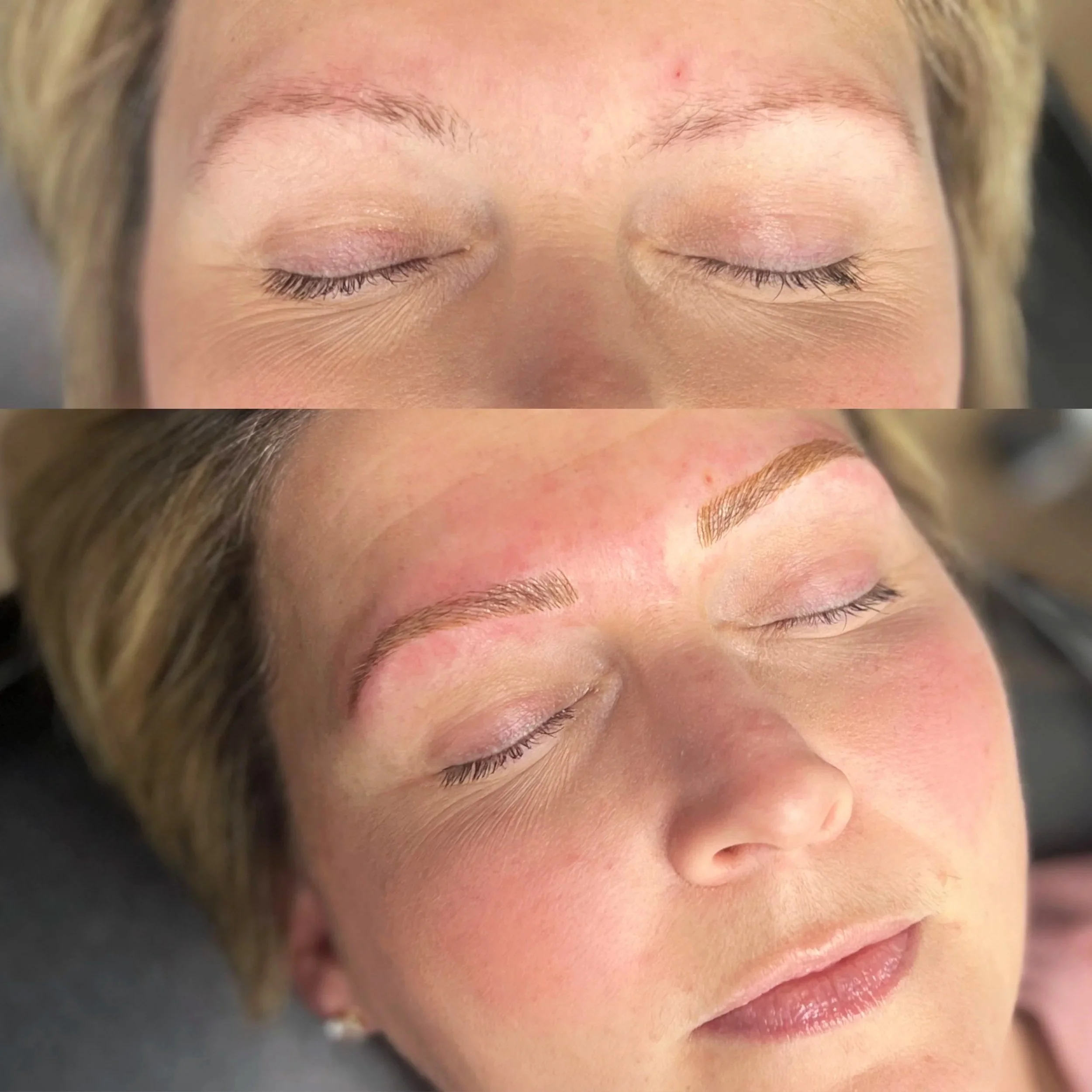 Healed microblading on blonde, blending seamlessly with natural brow hair.