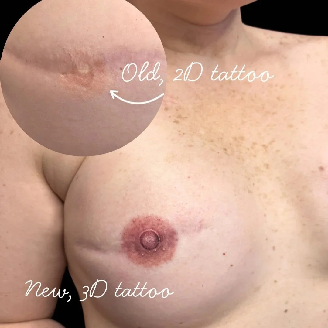 Realistic areola and nipple tattoo after mastectomy done at Vixen Ink located in Illinois