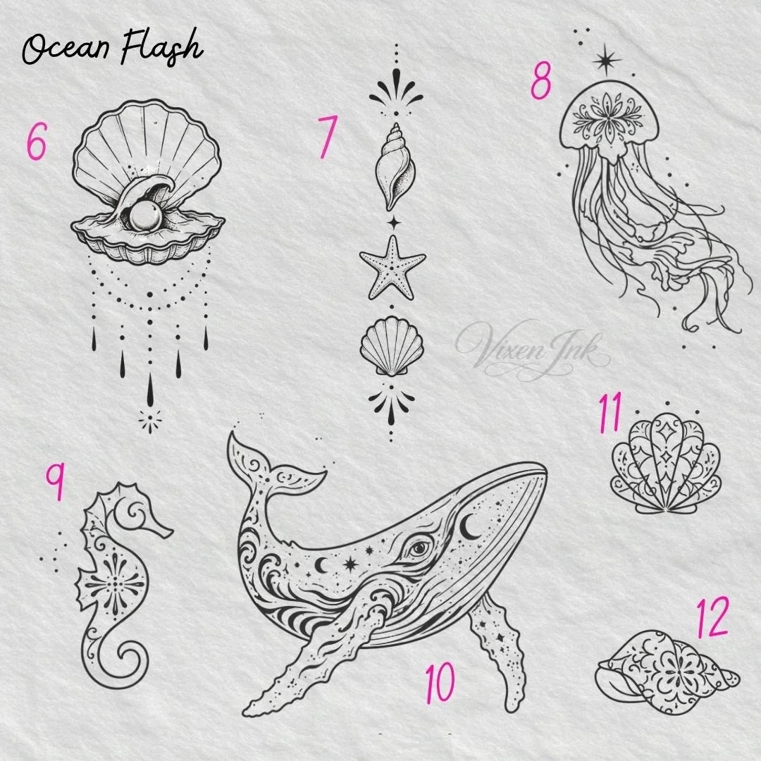 fine line ocean tattoo designs, jelly fish tattoo, shell tattoos, feminine fine line ocean tattoo designs