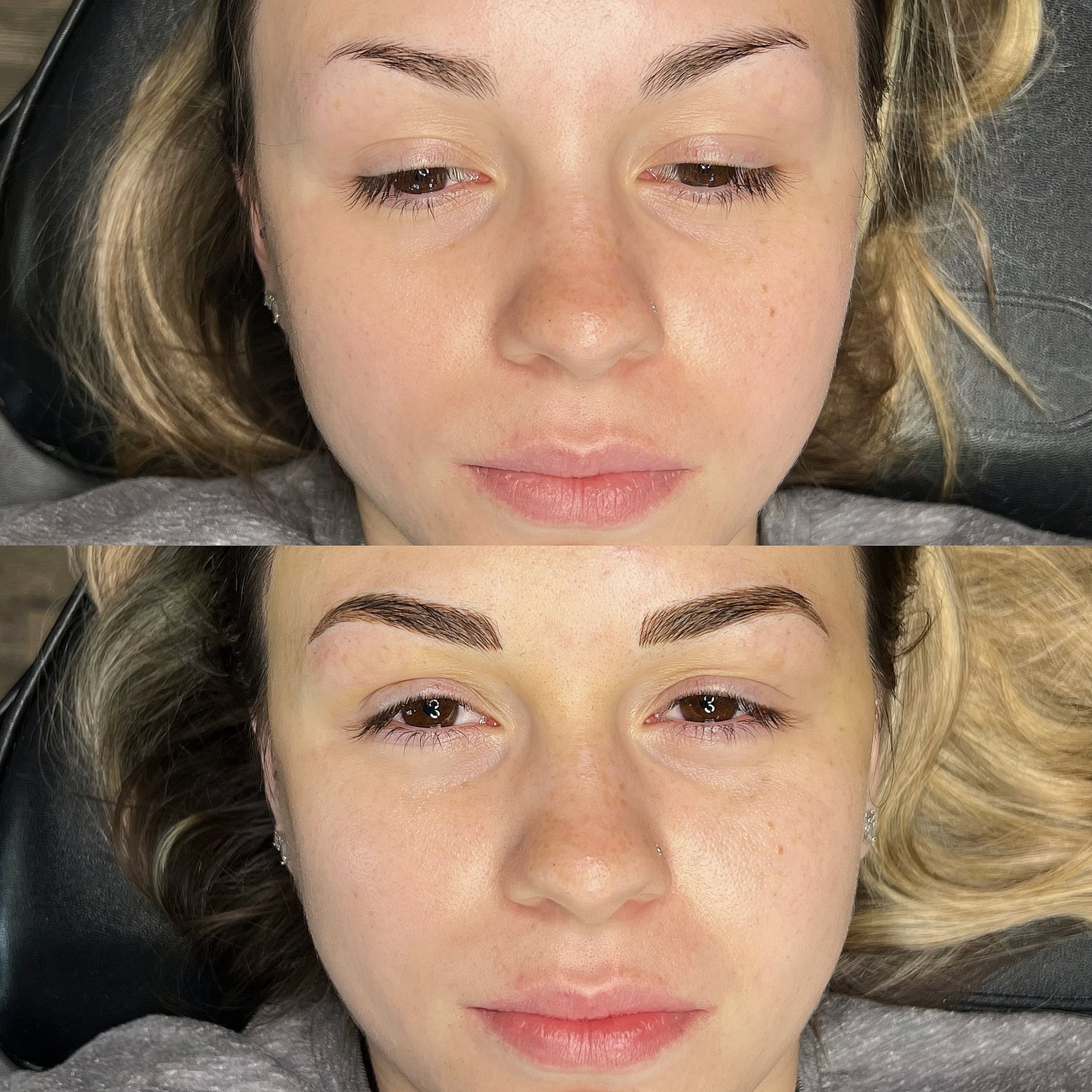 Before and after microblading transformation with fuller, defined brows by Vixen Ink.