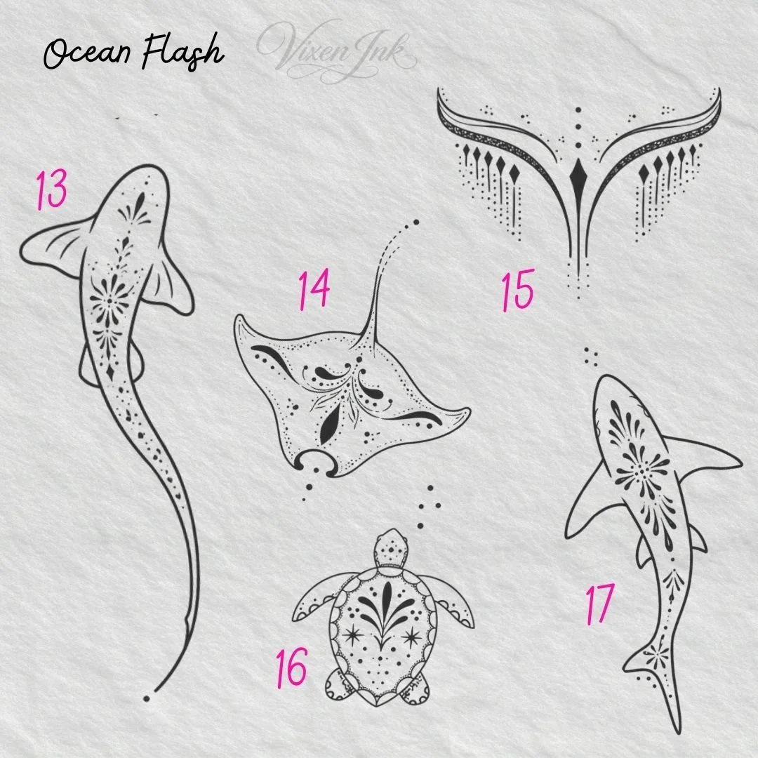 fine line ocean tattoo designs, sting ray tattoo, turtle tattoos, shark tattoos, feminine fine line ocean tattoo designs