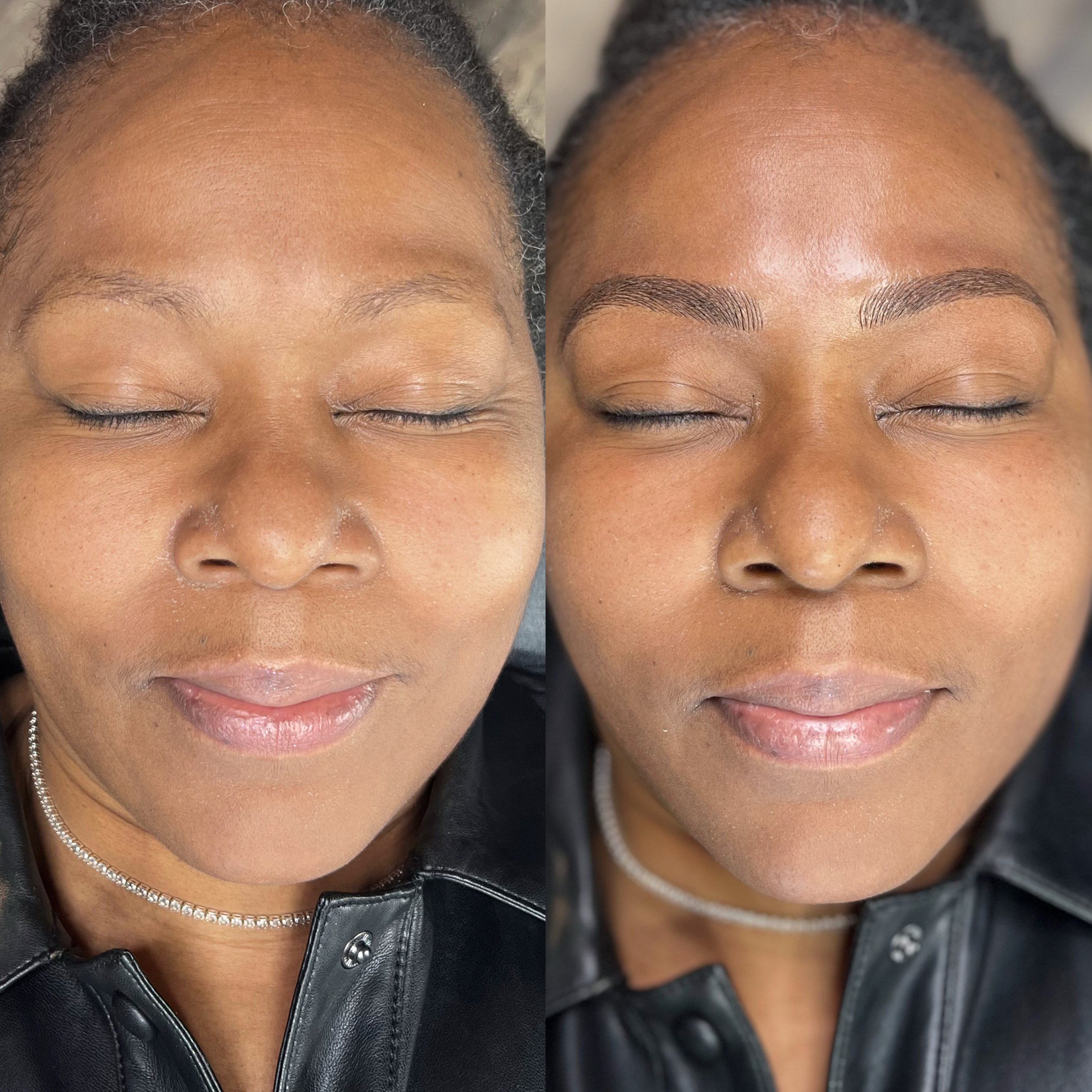 Microblading on dark skin tone for more naturally defined brows.