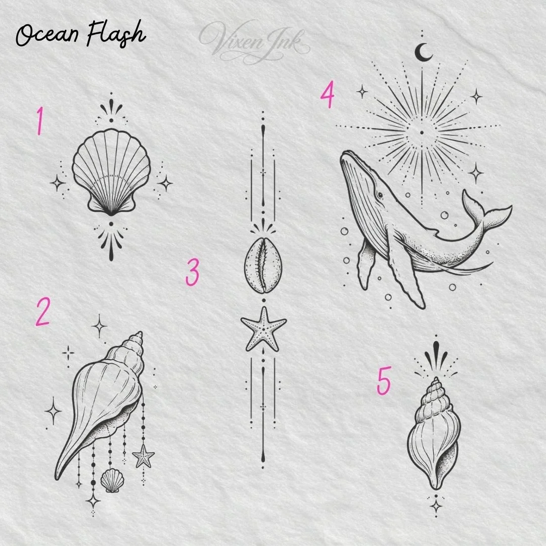 fine line ocean tattoo designs, dainty ocean tattoos, shell tattoos, whale tattoos, tattoos for ocean lovers