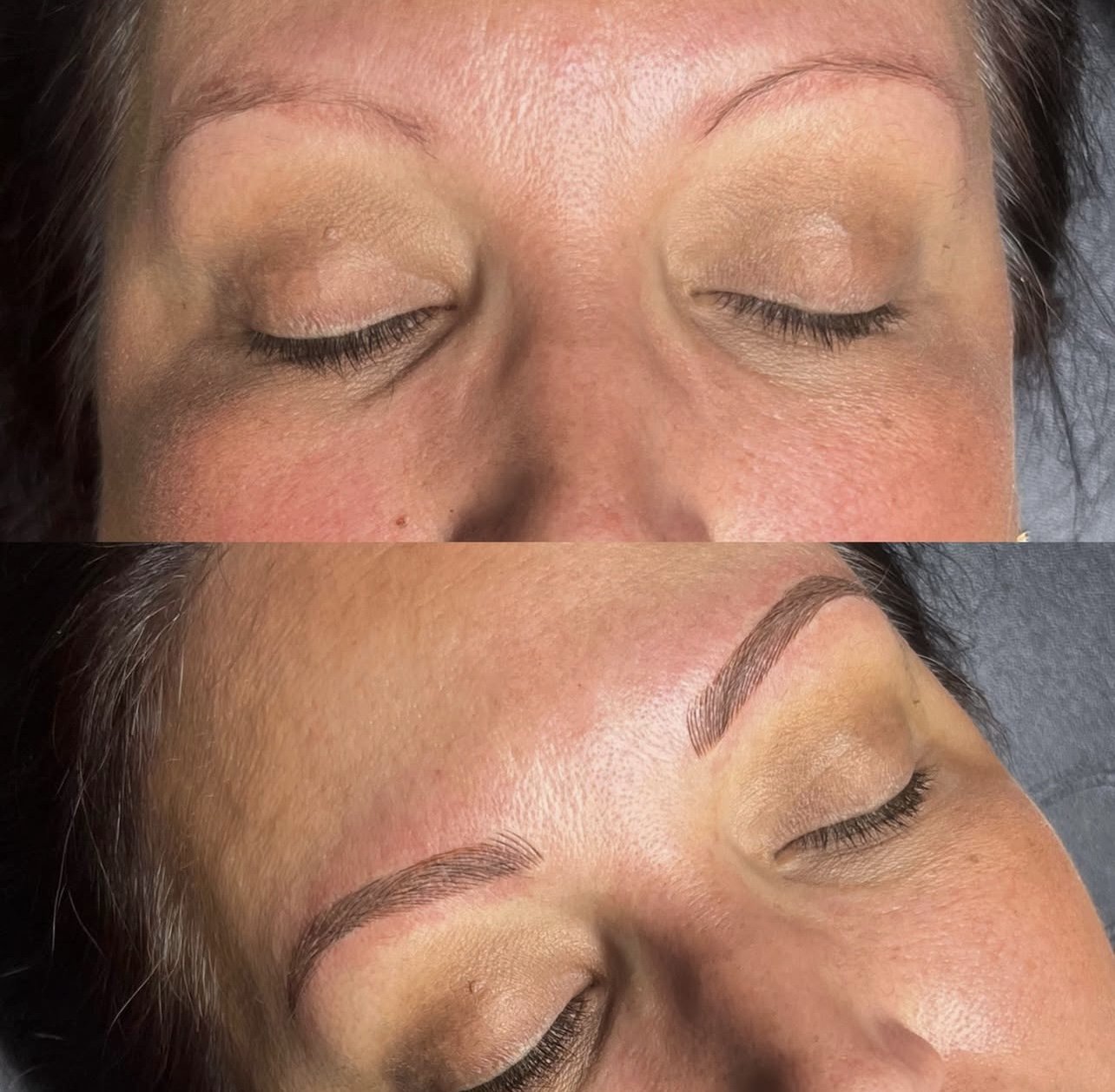 Microblading color correction creating balanced brows with neutral pigment.