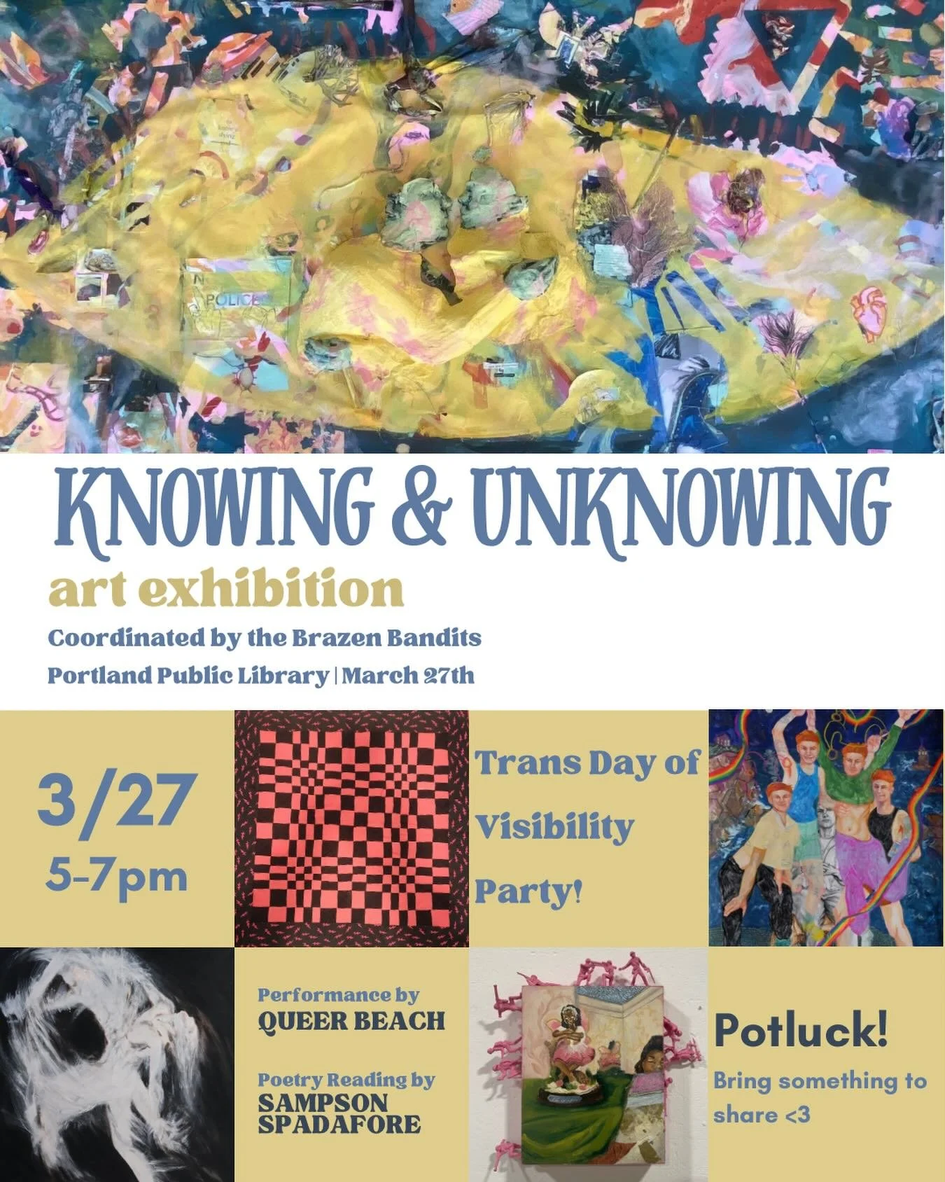 You&rsquo;re invited! Join the bandits at the Lewis Gallery at @portlandpubliclibrary for a special Trans Day of Visibility party! Hear poetry by @sampson_spadafore and the delightful music of @queerbeach! 

March 27, 5-7pm
5 Monument Square, Portlan
