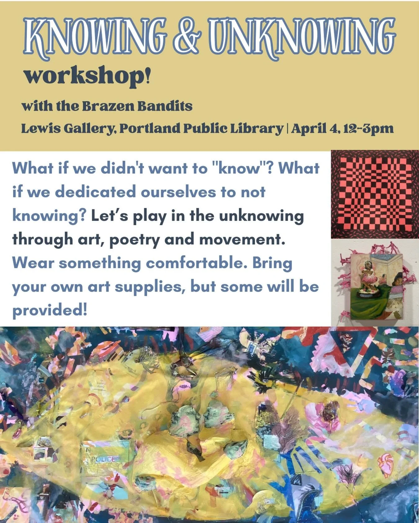 Join us this Saturday for a workshop at the @portlandpubliclibrary! Explore Knowing and Unknowing through creative practice of your choice, poetry, and movement. We&rsquo;ll look at the all trans gallery show in the Lewis Gallery, respond with art, t