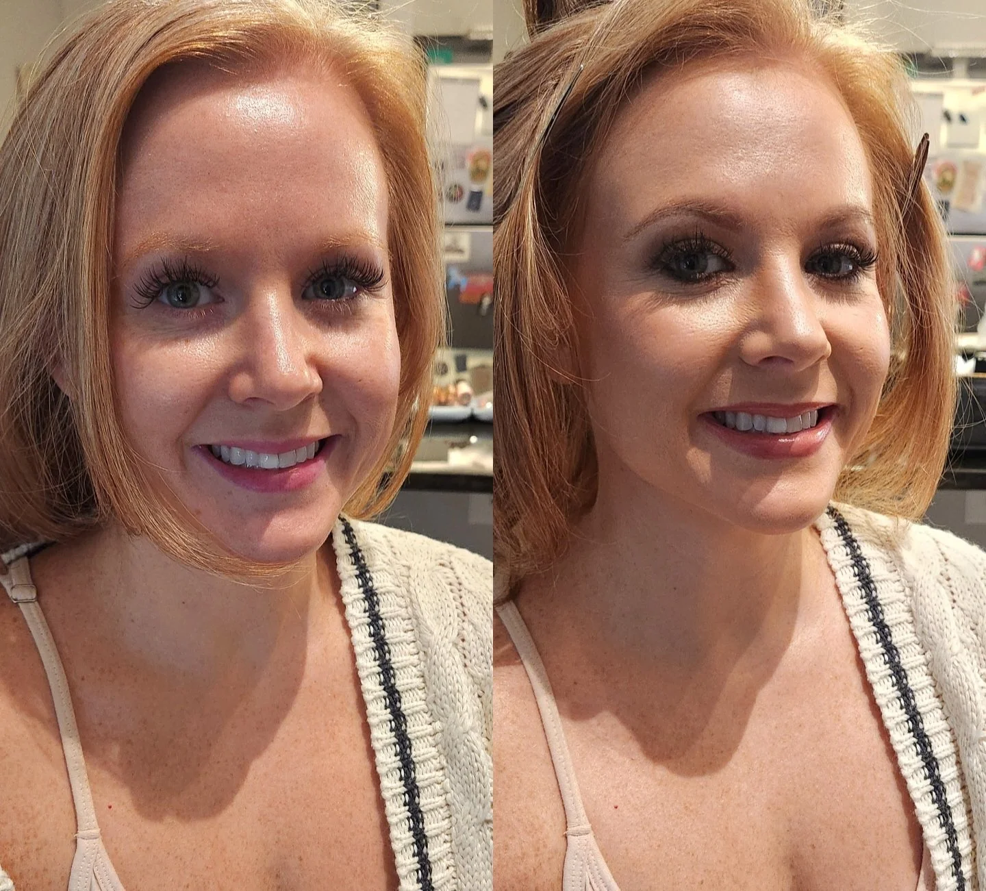 Side-by-side photos of a woman with red hair. She is smiling, wearing a beige sweater, and has makeup on. The background includes kitchen appliances and storage containers.