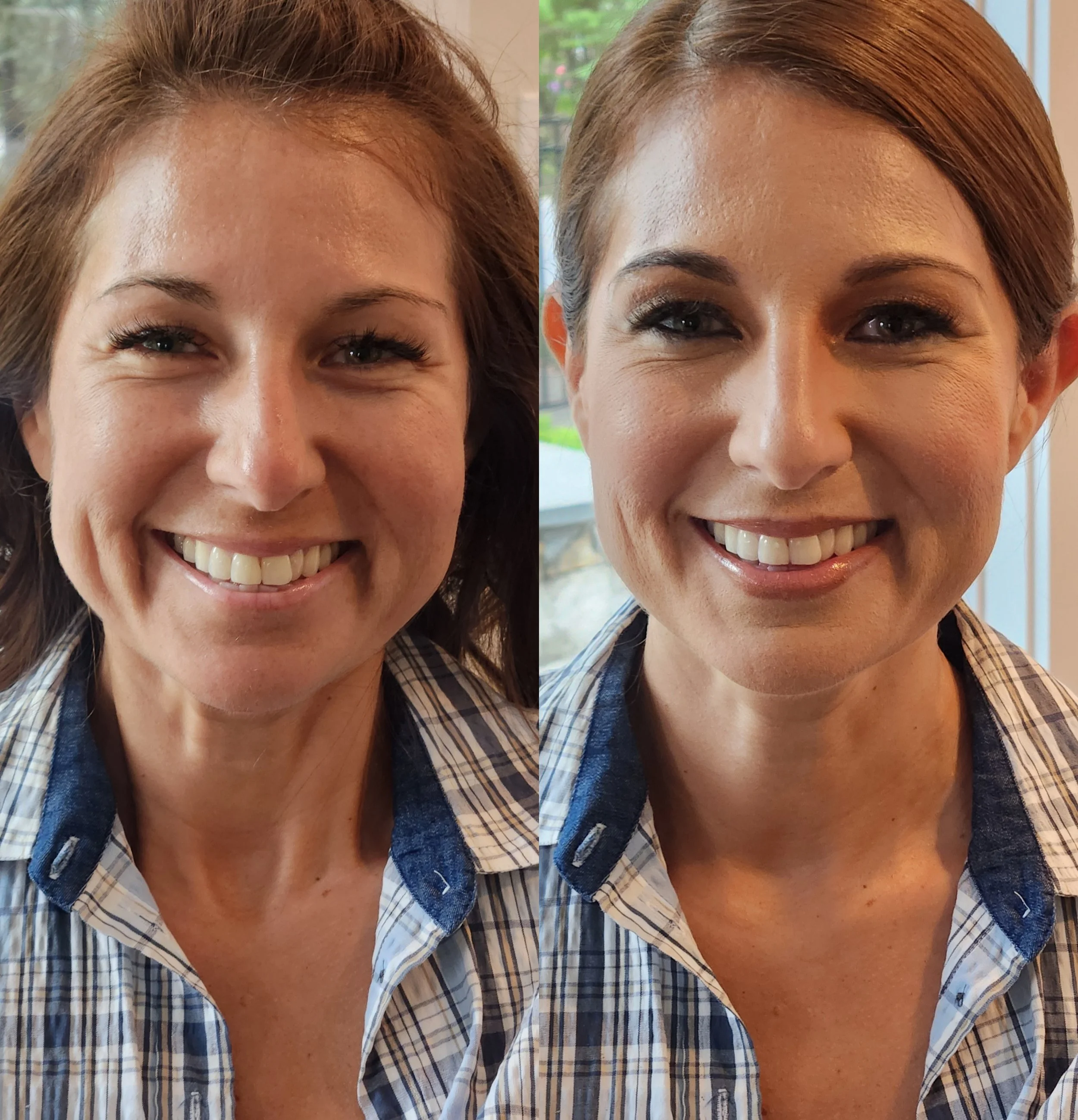 Side-by-side comparison of a woman before and after hair and makeup transformation. In the before image, she has loose, wavy hair and minimal makeup. In the after image, she has styled, straightened hair and is wearing makeup with defined eyes and lipstick, smiling in both images.