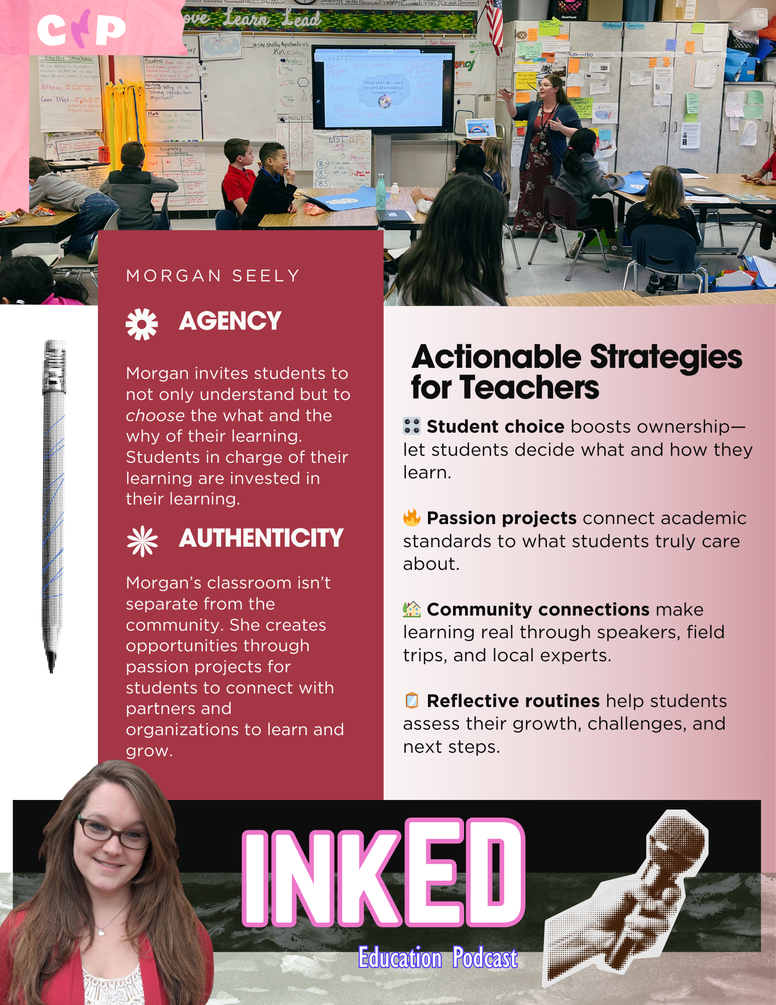 A classroom scene with a teacher standing in front of students, pointing at a large screen displaying educational content. Students are seated at desks, attentively engaged. Behind the teacher are posters and educational materials on the walls.