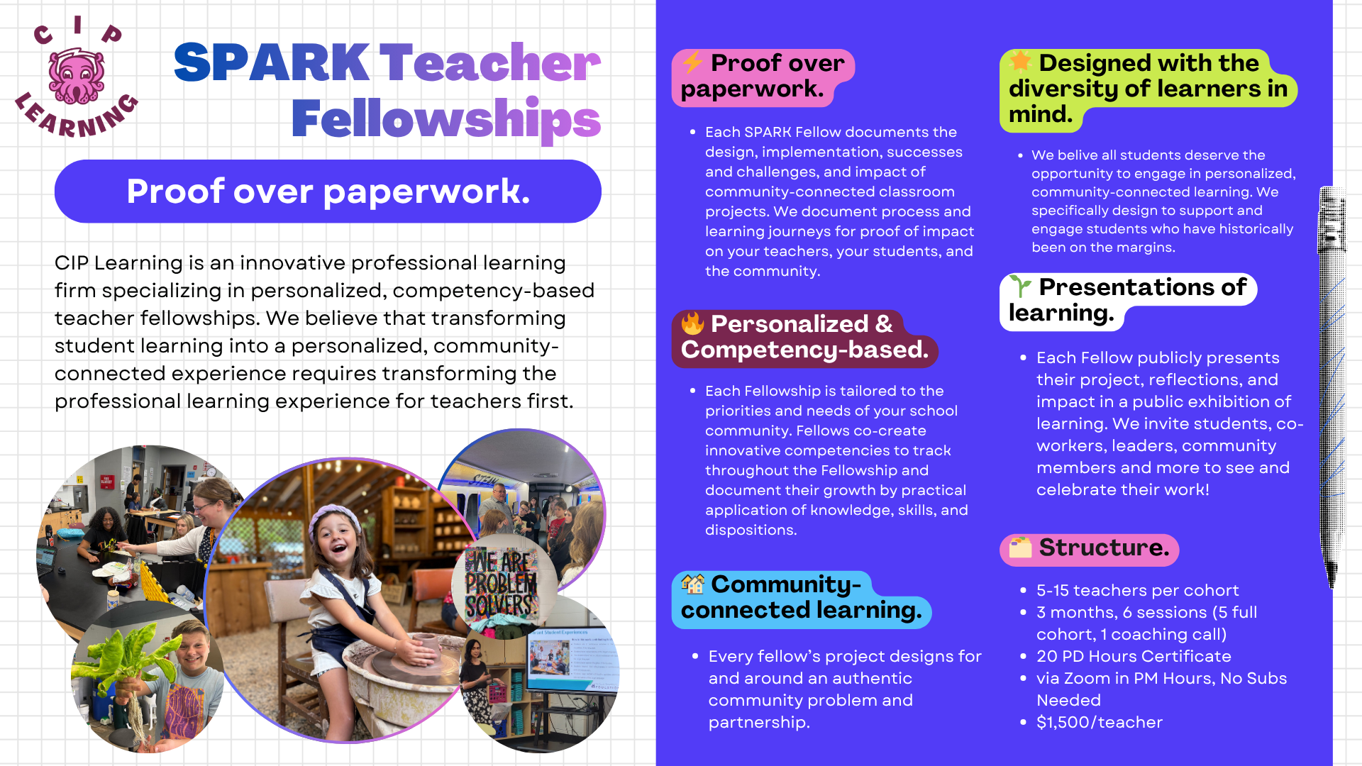 Poster titled 'SPARK Teacher Fellowships' with sections on proof of impact, personalized, community-connected, and inclusive design, accompanied by photos of teachers and students engaging in various activities.