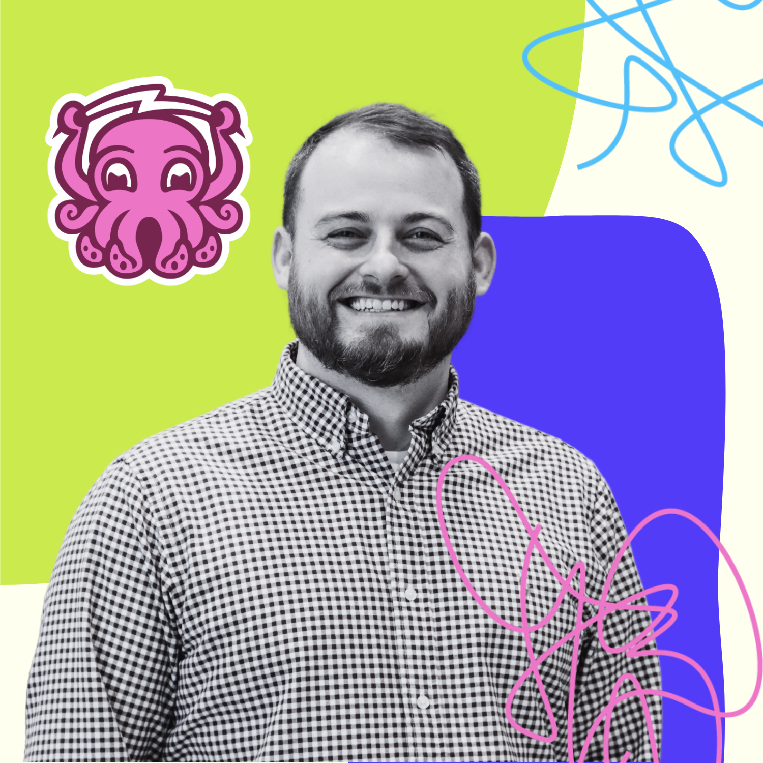 A smiling man with a beard, wearing a checkered shirt, in front of a colorful, abstract background with doodles and a pink octopus illustration.