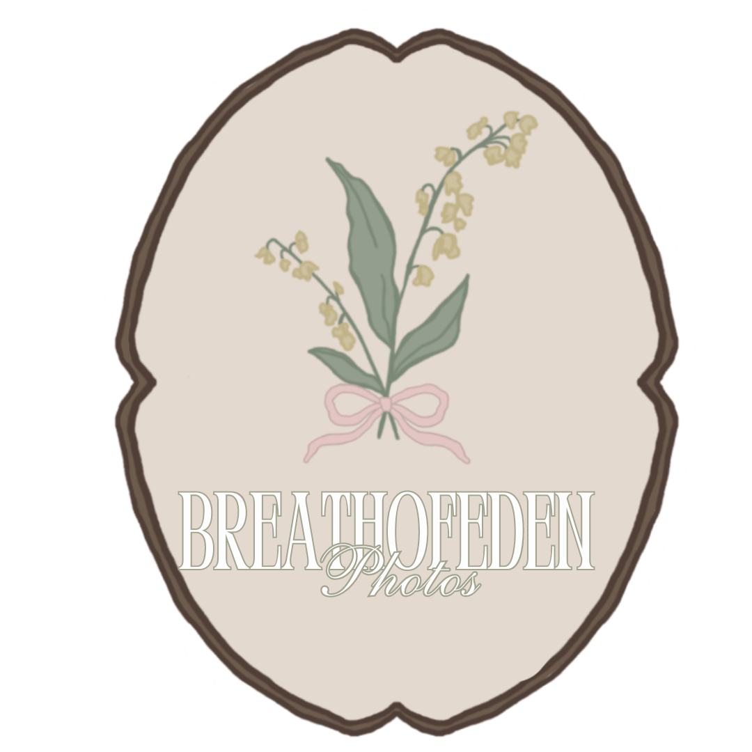 Logo design featuring lily of the valley illustration with text 'Breath of Eden Photos' and vintage frame.
