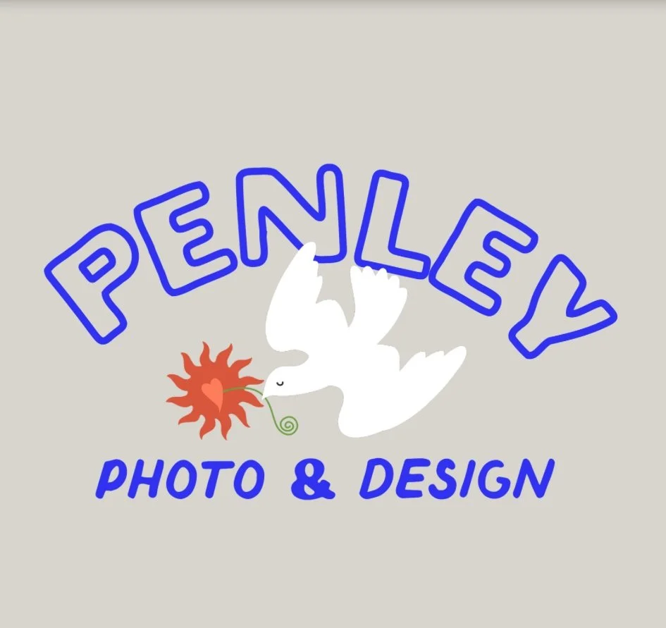 Logo design featuring the word 'Penley' in bold blue letters above a white dove carrying a red flower, with 'Photo & Design' written below in blue.