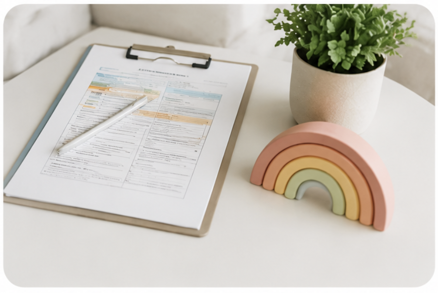 Speech-language evaluation forms on a clipboard beside a wooden rainbow