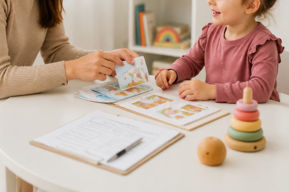 Adult and child using picture cards during a pediatric speech-language evaluation
