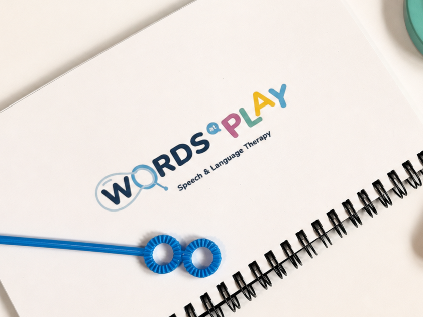 Words at Play notebook with pediatric speech therapy toys and materials