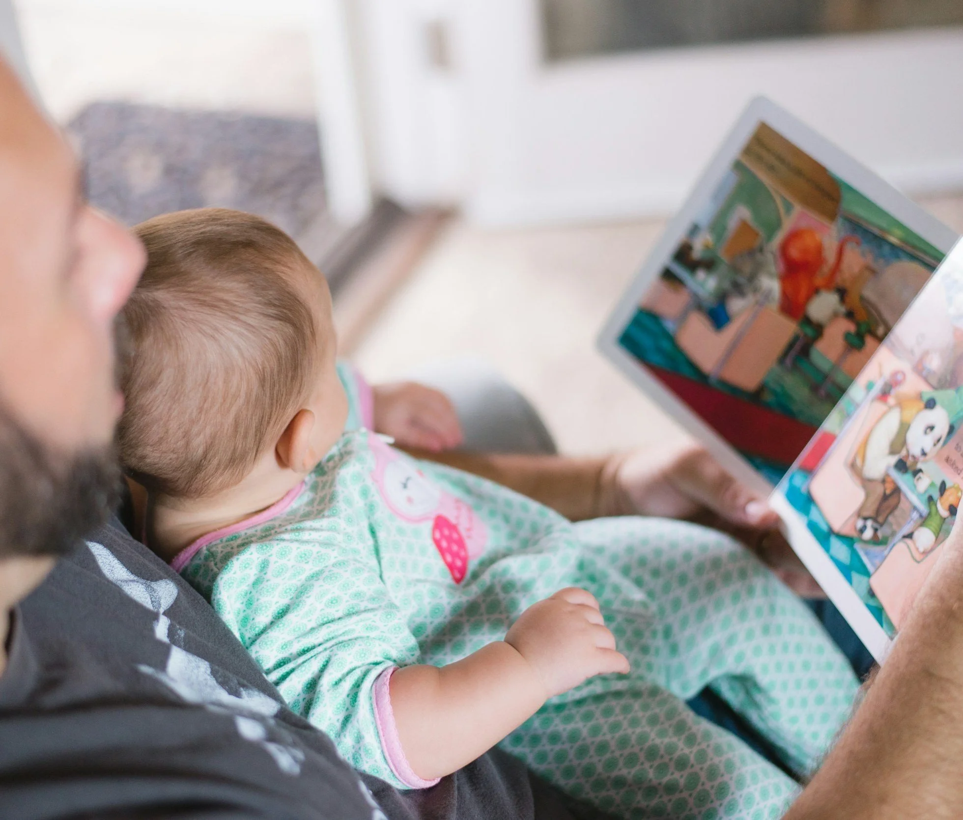 Parent and young child sharing a picture book together