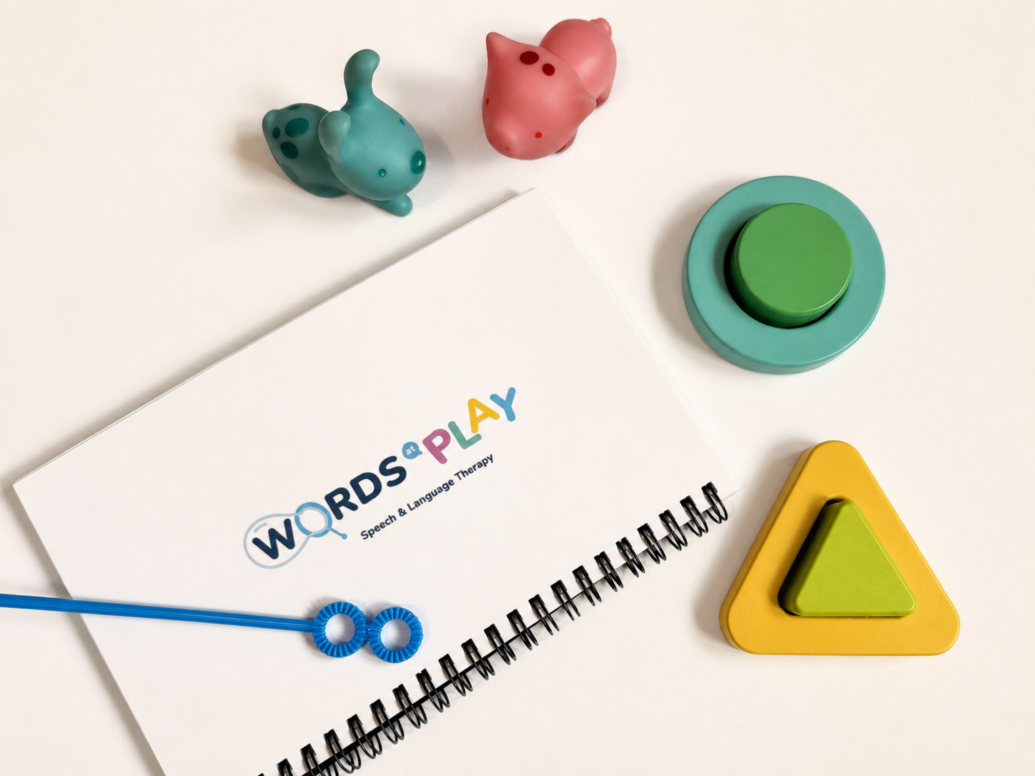 Pediatric speech therapy toys and materials arranged beside a Words at Play notebook