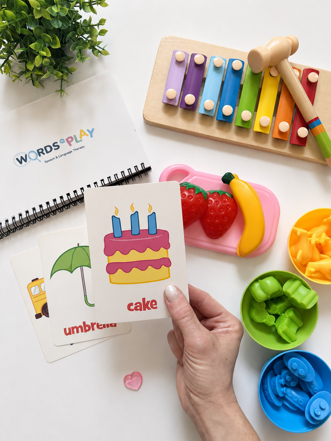 Speech therapy materials and picture cards used during a play-based session