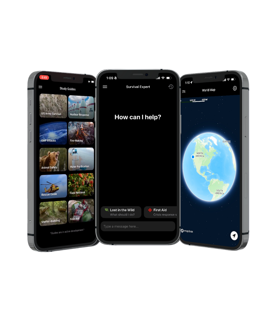 Three smartphones displaying emergency preparedness apps. The left screen shows study guides for survival skills, the middle screen features a chatbot for survival advice, and the right screen displays a world map highlighting different continents.