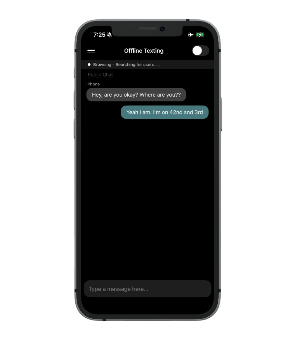Smartphone screen showing offline messaging conversation about location and safety.
