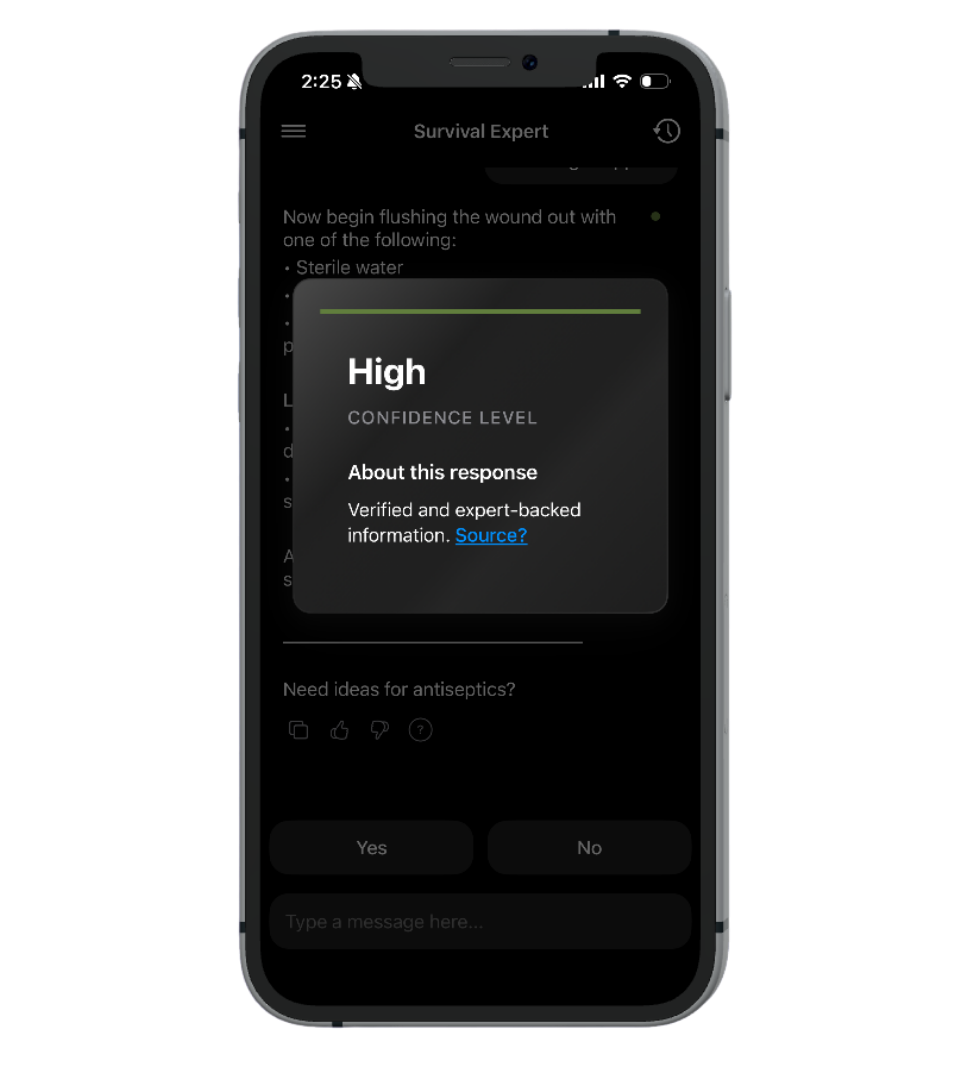 A smartphone showing a mobile app called 'Survival Expert' with a pop-up message indicating a high confidence level for a response, along with information about the source.
