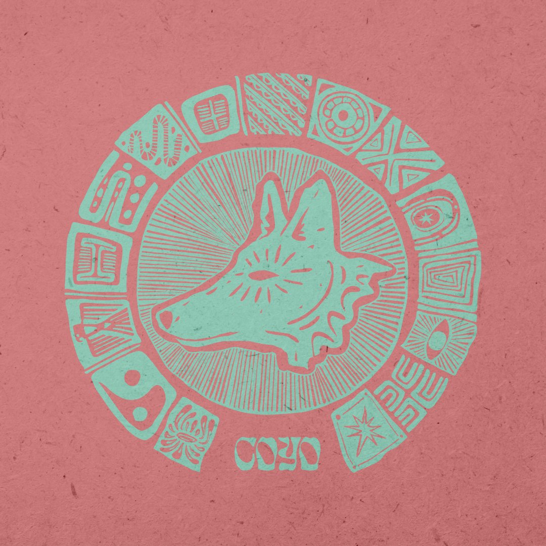 Stylized coyote head surrounded by circular pattern with geometric symbols on pink background.