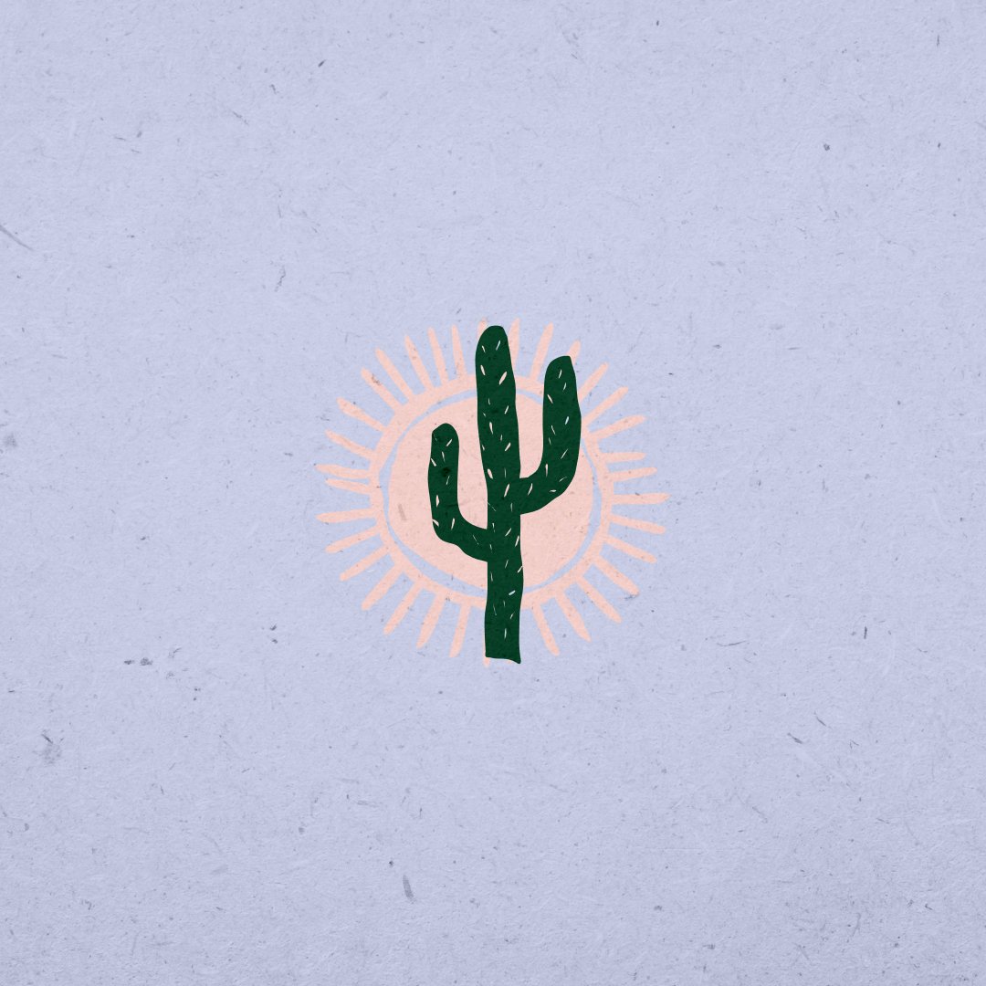 Illustrated green cactus with pink sunburst on light blue textured background.